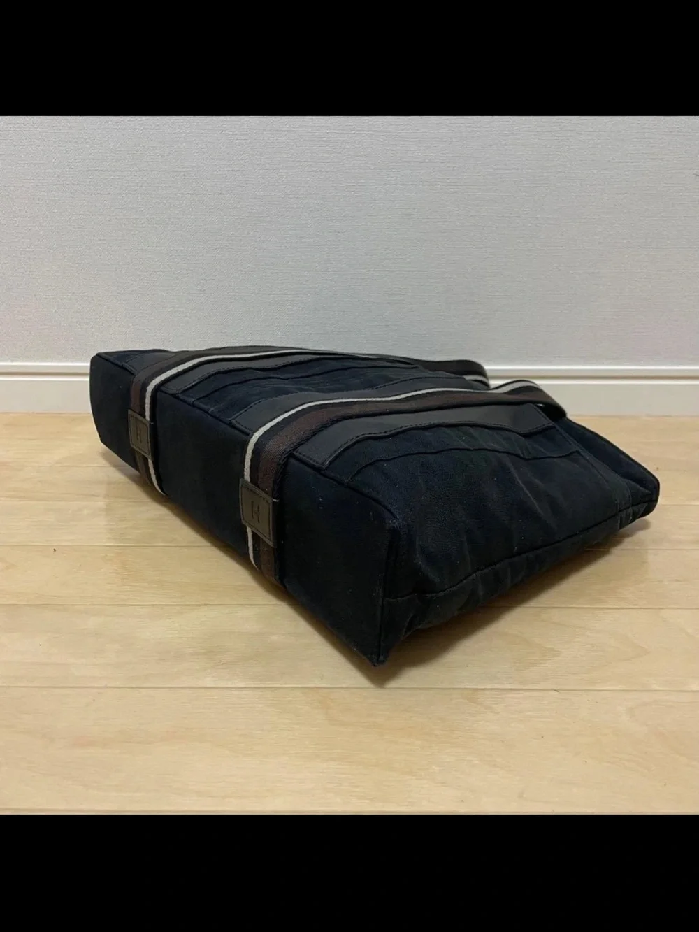 Hermes Black Tote with Striped Webbing Handles